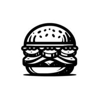 Minimalist Black and White Burger Illustration A stylized, layered depiction of a classic burger, with bun, toppings, and patty, against a plain white backdrop. vector