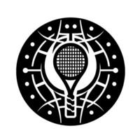 Abstract black and white circular featuring a tennis racket at the center within a geometric arrangement of lines and dots. vector