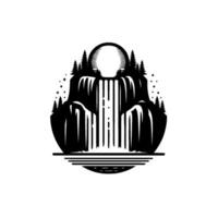 Silhouette of a waterfall cascading from a mountain with pine trees, a radiant sunlike moon above, and a dark, circular frame. vector
