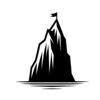 Silhouette of a rugged mountain peak with a flag atop, symbolizing achievement and challenge against a white backdrop. vector