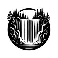 Black and white nature art depicting a circular waterfall scene in a minimalist illustration style, with trees atop a rocky landscape. vector