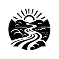 A stylized black and white landscape illustration, depicting a river meandering through a mountainous terrain beneath a radiant sun, enclosed within a circular frame. vector