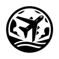 Black and White Circular of an Airplane Ascending with Clouds and Water, Symbolizing Travel and Aviation. vector