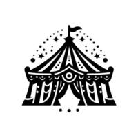 A stylized, black and white illustration of a circus tent with a star and dot pattern, embodying a whimsical and decorative element on a white background. vector