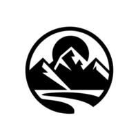 Bold Black and White Circular Emblem Featuring Mountain Range Silhouette, Sun, and Stream, Evoking Natures Majesty. vector