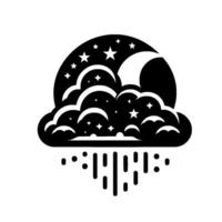 Stylized black and white illustration of a night sky scene with clouds, crescent moon, stars, and stylized rain, evoking a whimsical, dreamlike atmosphere. vector