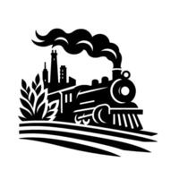 A vintage black and white illustration of a steam train, smoke billowing, with a factory and foliage in the background. vector