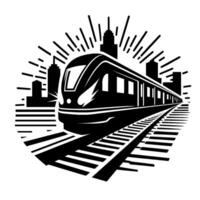 Modernistic Black and White Illustration of a HighSpeed Train Racing Through a City with Dynamic Burst of Lines, Symbolic of Speed. vector