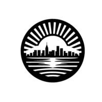 Minimalist Black and White Circular Silhouette of a City Skyline, Radiating Sun, and Water Reflection vector
