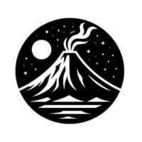 silhouette depicting a volcanic eruption under a starry night sky, moon, and lake, contained within a black circle. vector
