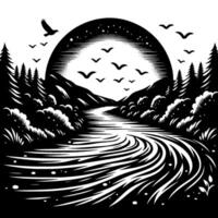 Monochrome Illustration of a River Journey Under a Starry Moon with Flying Birds and Forested Banks. vector