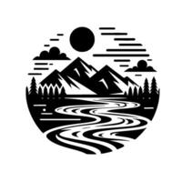 Minimalist black and white circular emblem depicting mountains, sun, clouds, winding river, and pine trees. vector
