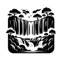 Monochrome waterfall landscape with layered cliffs, stylized trees, birds, and clouds, a symmetrical black and white art print. vector