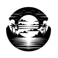 Silhouetted Tropical Sunset Scene in a Circle with Palm Trees, Mountains, Clouds, and Birds vector