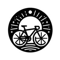 Silhouette of a bicycle encircled by a decorative round frame, featuring sun rays, stars, and a stylized land horizon. vector