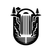 Stylized Black and White Illustration of a Waterfall, Mountains, and Pine Trees Within an Oval Frame with a Sun Symbol. vector