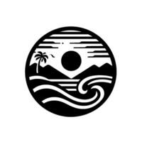 Black and White Circular of a Tropical Sunset Scene with Palm Tree, Waves, Mountains and Sun, in Minimalist Style vector