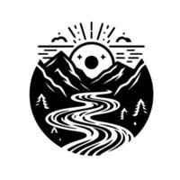 Black and white illustrative circular emblem featuring mountain range, winding river, sunburst, clouds, trees, and stars, evokes a sense of nature and adventure. vector