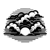 Abstract monochrome artwork of stylized clouds and a circular sun or moon set against a linear background. vector