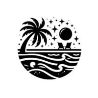 Black and White Circular Illustration of a Tropical Beach Scene at Night, Featuring Palm Tree, Lounge Chairs, Waves, Stars, and Moon. vector
