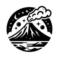 A stylized blackandwhite illustration depicting a volcano erupting under a starry night sky, surrounded by a circular frame with minimalist . vector