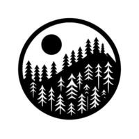 YinYang Inspired Circle Illustration Black Silhouette Forest Landscape with a Sun and Evergreen Trees in a Circular Frame on White. vector