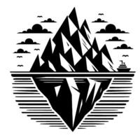 Monochromatic, Geometric Illustration of an Iceberg with Mountainous Peaks, Sea, Clouds, and a Ship in a Clean, Modern Style. vector