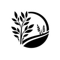 Minimalist black and white featuring a tree, wheat stalks, and stylized landscape elements within a circular frame. vector