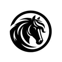 Black white, minimalist horse head within a circle, showcasing a sleek, stylized , with a modern bold aesthetic. vector