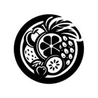 Minimalist Black and White Circular of an Assortment of Fruits including Orange Slices, Cherries, Apples, and Strawberries. vector