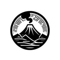 Bold monochrome circular featuring a volcanic mountain with a smoking crater, minimalist landscape, and stylized radiating lines. vector