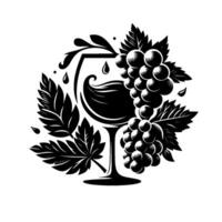 Black and white illustration of a wine glass with splashing liquid, grapes, and leaves against a wood texture backdrop. vector