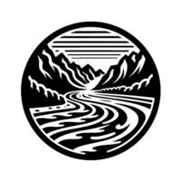 Geometric monochrome landscape depicting a stylized river winding through towering, jagged mountains, enclosed within a circular frame, and a striped sky. vector