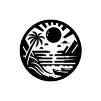 Black and white circular illustration of a tropical sunset scene featuring a palm tree, sun, mountains, waves, and a boat. vector