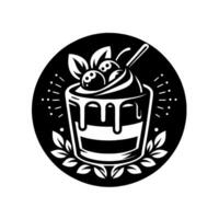 Black and White Illustration of a Dessert in a Glass with Berries, Cream, and Foliage Within a Circular Frame. vector
