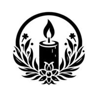 illustration of a stylized candle with a flame, encircled by leaves, flowers, and a decorative wreath, in black and white. vector