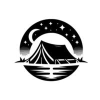 Black and White Camping Scene Tent by Water Under a Crescent Moon and Starry Night Sky in a Circular Composition. vector