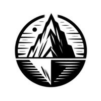 Black and white circular of a mountain reflected in water, minimalist style with a sun element, and a illustration. vector