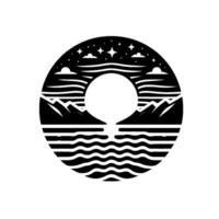 illustration of a scenic, night view, mountain landscape, lake under a starry sky within an oval frame, minimalist style. vector
