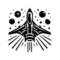 Minimalist Black and White Spacecraft , Depicting a Futuristic Jet with Starry Cosmic Background. vector