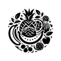 Black and White Circular Illustration of Tropical Fruit Medley, Symbolic of Abundance and Freshness, Presented on a Clean White Backdrop. vector