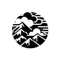 style illustration of stylized mountains, clouds, and snowfall within a circle, in monochrome. vector