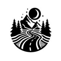 style night scene crescent moon, starry sky over a winding road through mountains and pine trees, contained within a circle. vector