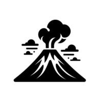 Minimalist Black and White of a Volcanic Eruption with Smoke, Lava Flows, and Small Surrounding Clouds against a White Background. vector