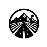 A minimalist circular depicting a road winding towards mountain peaks with a sun, all in a monochromatic style. vector