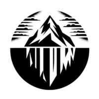 Black and White Mountain with Stylized Clouds and Glacier Reflection within a Circle. vector