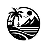A stylized black and white depicting a tropical beach scene inside a circle, with a palm tree, sailboat, mountains, sun, and birds. vector