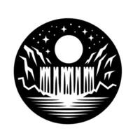 Minimalist Black and White Circular of a Mountain Waterfall Scene Under a Starry Night Sky with a Full Moon. vector