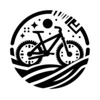 Black and white stylized illustration featuring a mountain bike within a circular frame, decorated with stars, dots, and symbolic elements suggesting adventure and the outdoors. vector