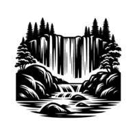Bold Black and White Silhouette Illustration of a Majestic Waterfall Cascading Over Rocky Cliffs with Evergreen Trees and a Serene River Below. vector